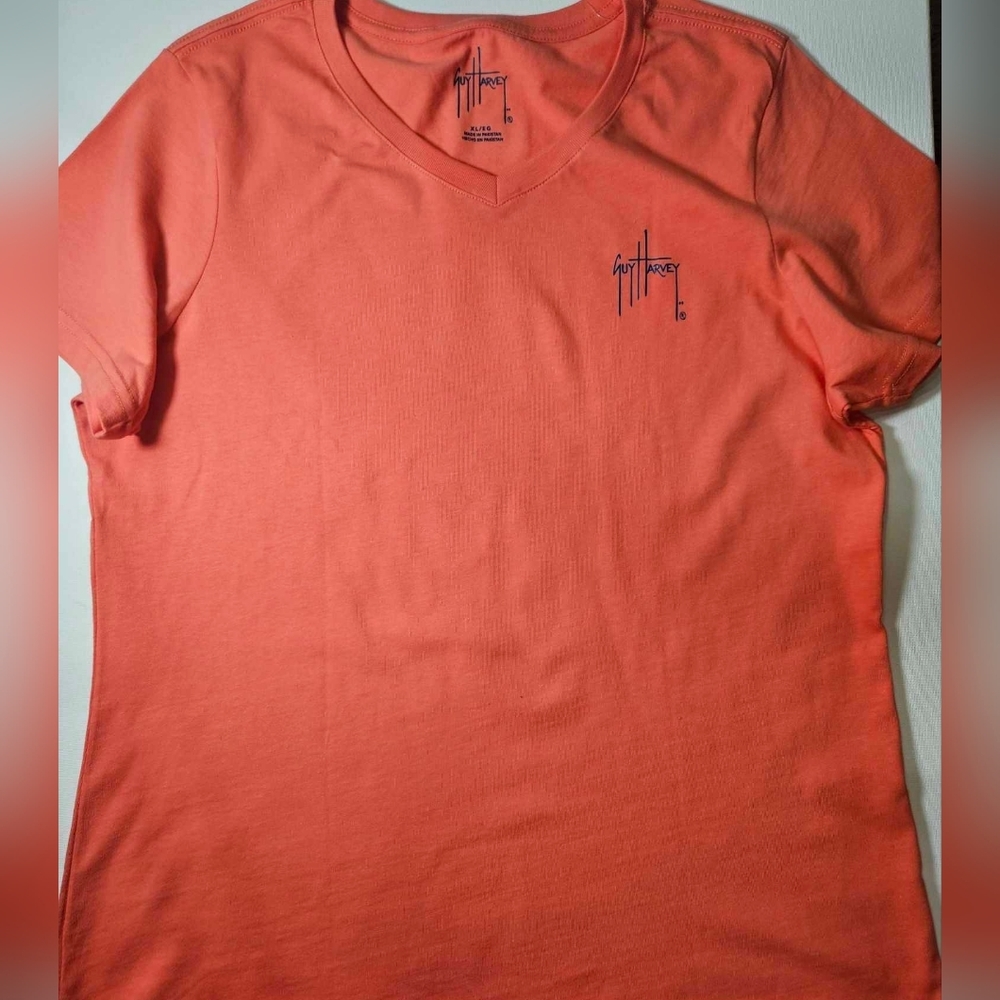 GUY HARVEY Womens Short Sleeve V-Neck T-Shirt Living Coral Coastal Beach Tee